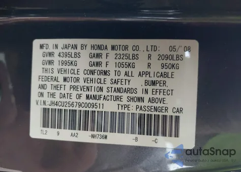 2009 Acura Tsx z USA, uszkodzony, nr VIN JH4CU25679C009511